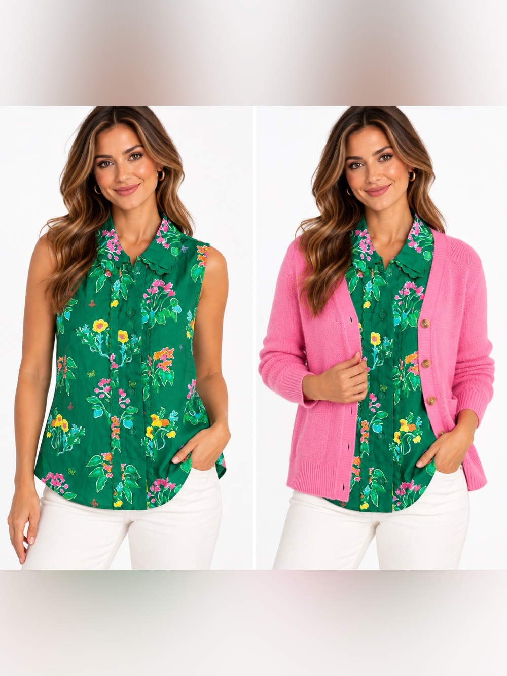 Green Floral cotton Sleeveless Button-Front Top